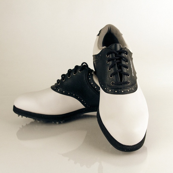 mens black and white saddle golf shoes